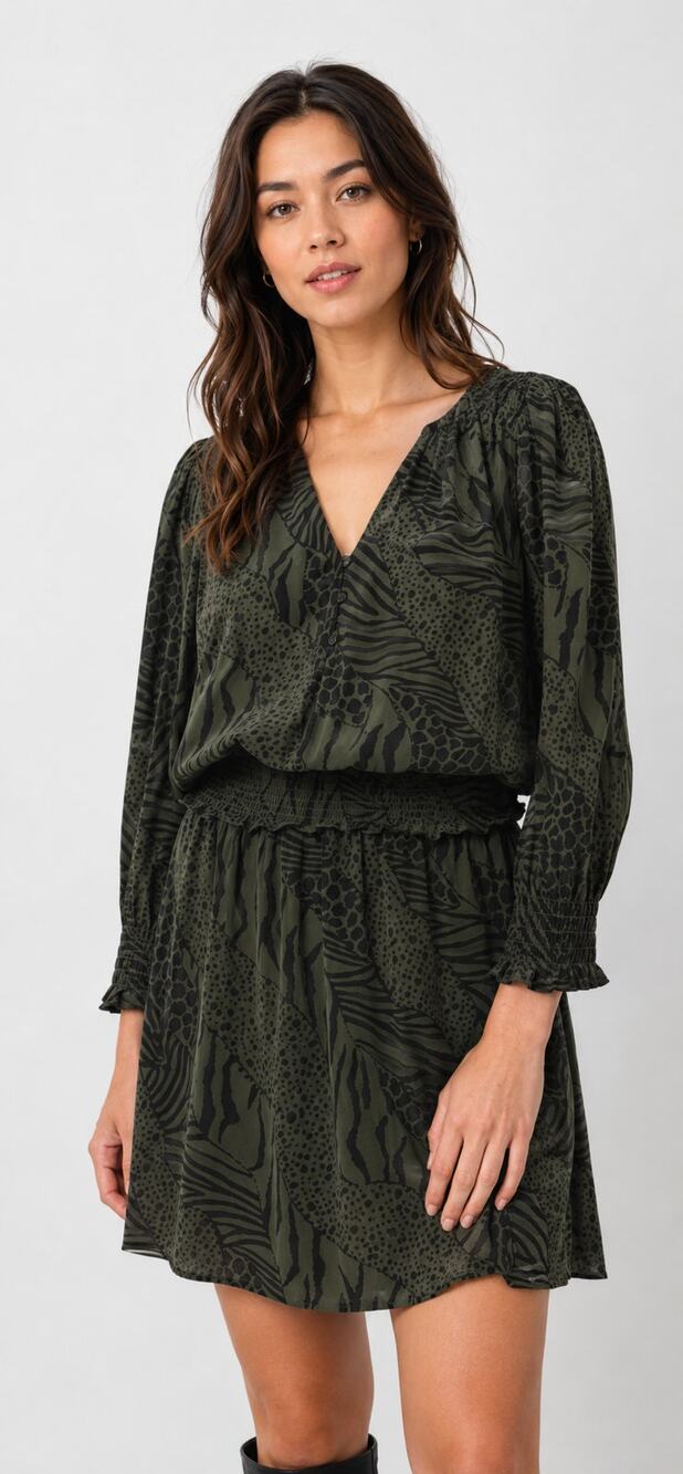 Rails Zana Mini Olive Mixed Animal Stripe Dress Womens XS Long Sleeve V Neck